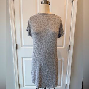 Gray Leopard Print T-Shirt Dress Casual Rolled Sleeve Size S